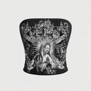 Black Graphic Strapless Bandeau Top with Religious Print